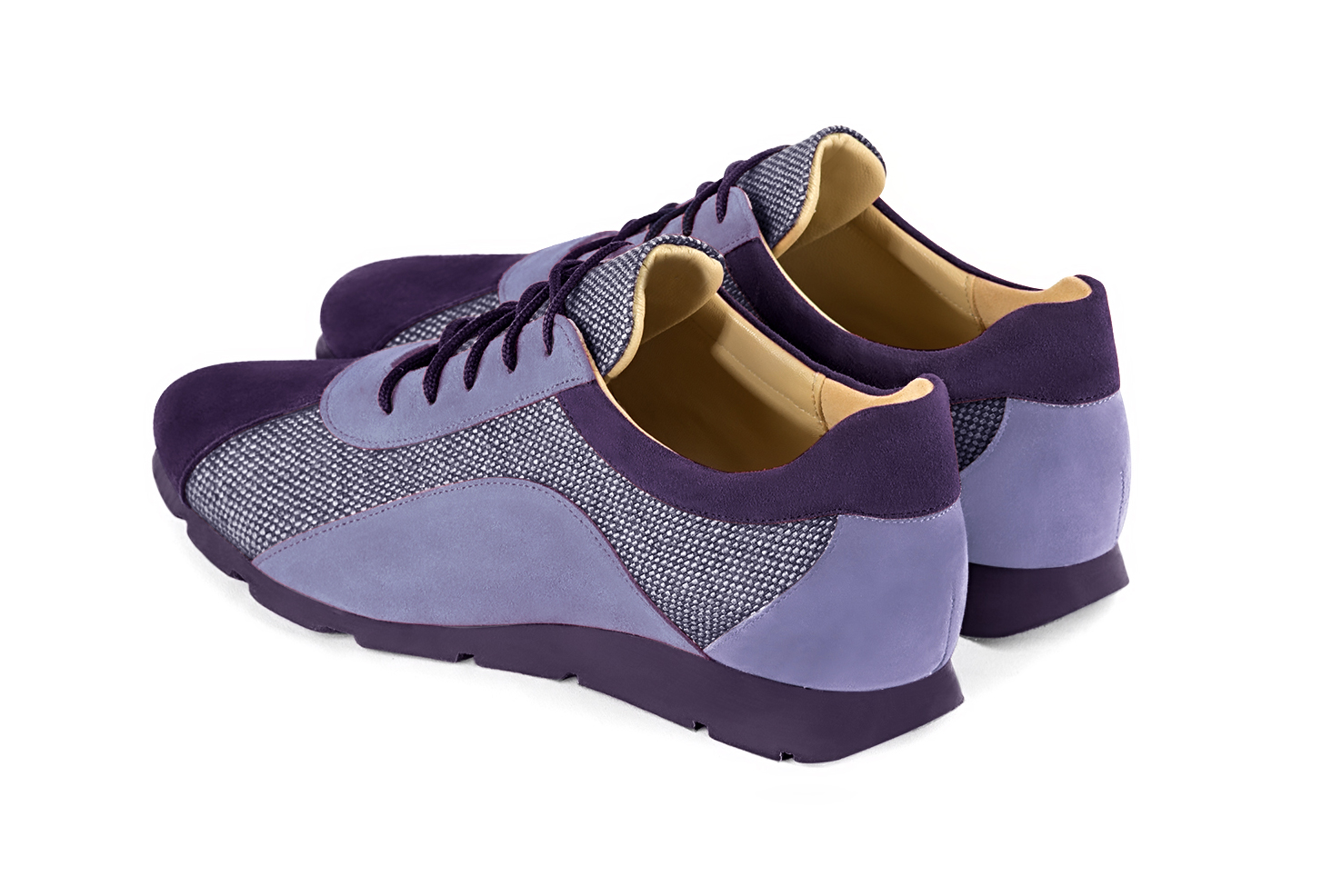 Lavender purple women's two-tone elegant sneakers. Round toe. Flat rubber soles. Rear view - Florence KOOIJMAN